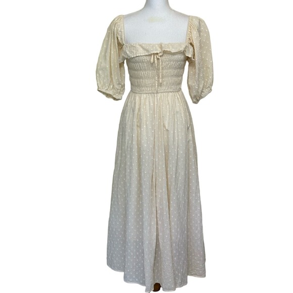 R. Vivimos Dresses & Skirts - R. Vivimos Cream Swiss Dot Smocked Puff Sleeve Midi Dress Cottagecore Small